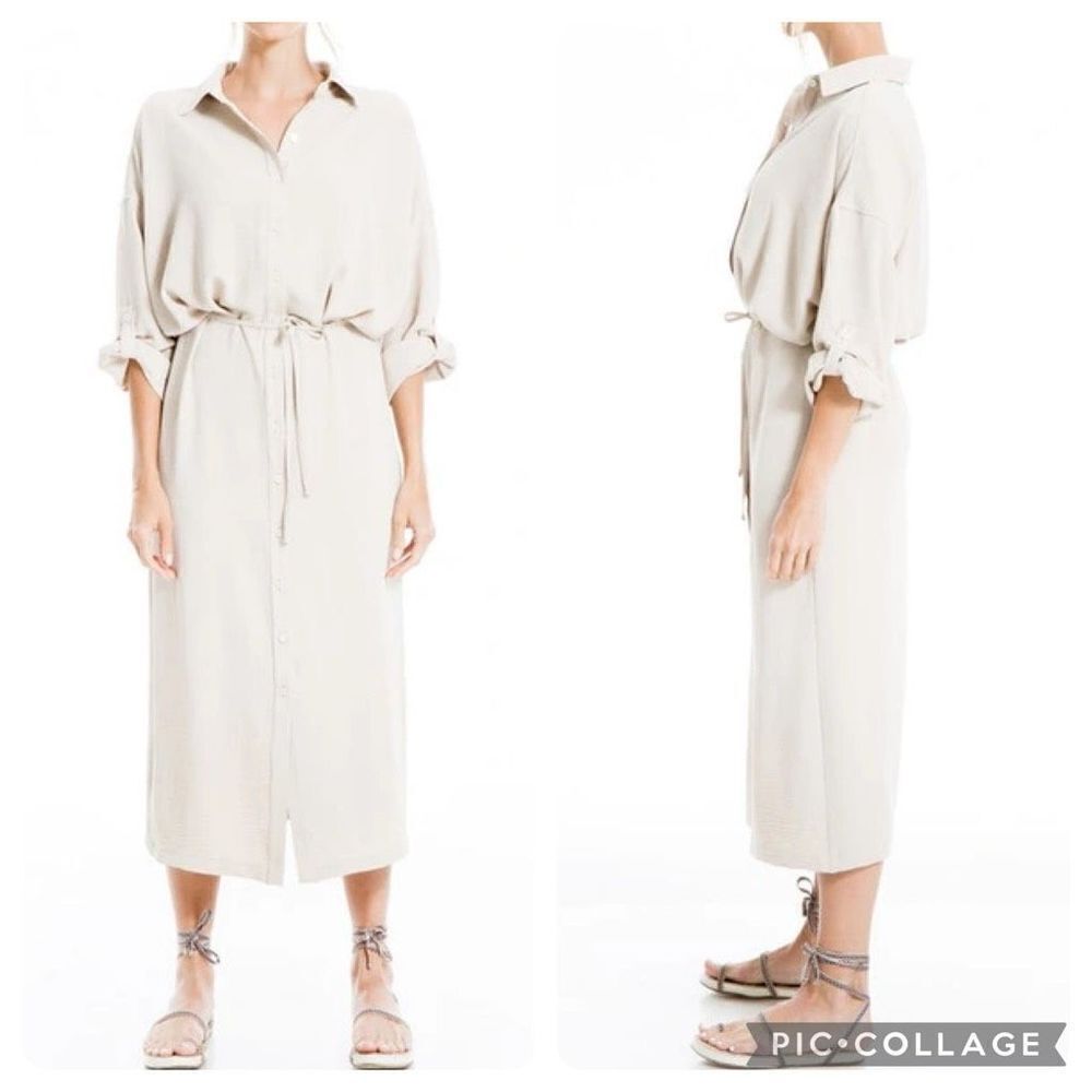 NWT Max Studio Career Button Front Midi Shirt Dress Papyrus L